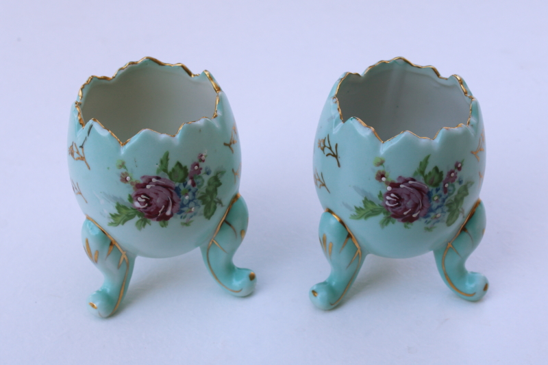 photo of matching pair vintage Napco Japan cracked egg shape vases, Easter decor pale blue eggs #1