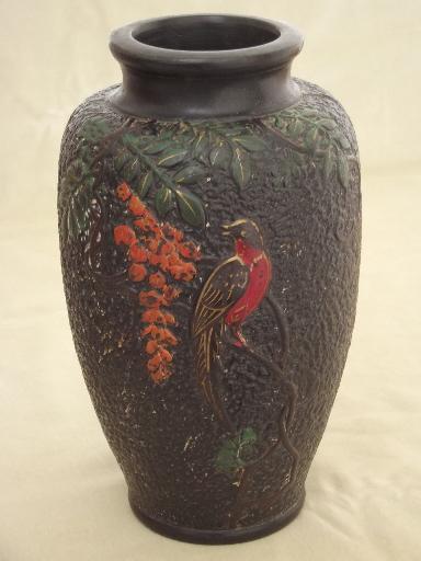 photo of matte black vase with bird on branch, vintage Made in Japan #1