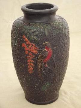 catalog photo of matte black vase with bird on branch, vintage Made in Japan