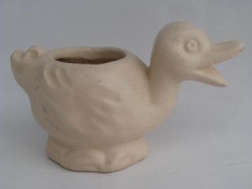 catalog photo of matte ivory glaze figural duck planter, 30s or 40s USA art pottery