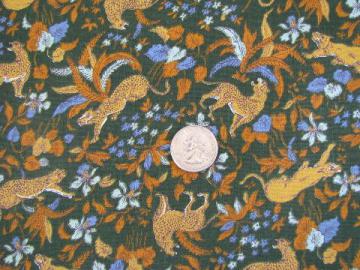 catalog photo of medieval tapestry style print, wild cats w/ iris flowers, vintage cotton fabric