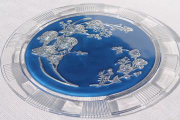catalog photo of mercury silver blue glass plateau plate or tray, antique vintage goofus glass