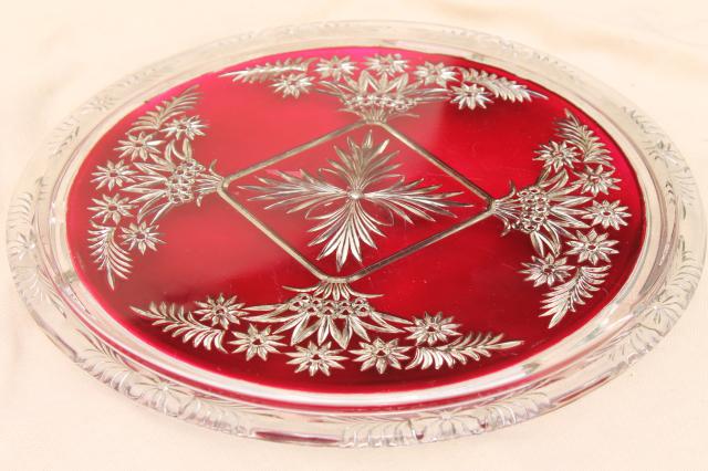 photo of mercury silver ruby red glass plateau plate or tray, antique vintage goofus glass #1