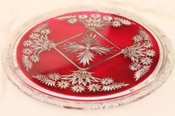 catalog photo of mercury silver ruby red glass plateau plate or tray, antique vintage goofus glass