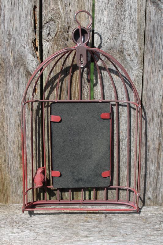 photo of metal bird cage wall art frame, barn red wire birdcage rustic farmhouse decor #3