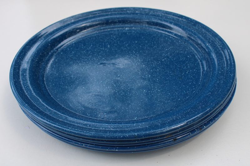 photo of metal enamelware camp plates, blue white speckled spatterware, vintage graniteware #4