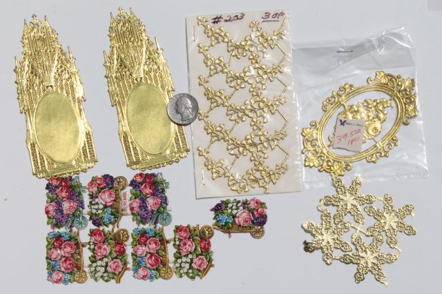 photo of metallic gold foil border trimming edging & snips, paper filigree doily lace lot #7