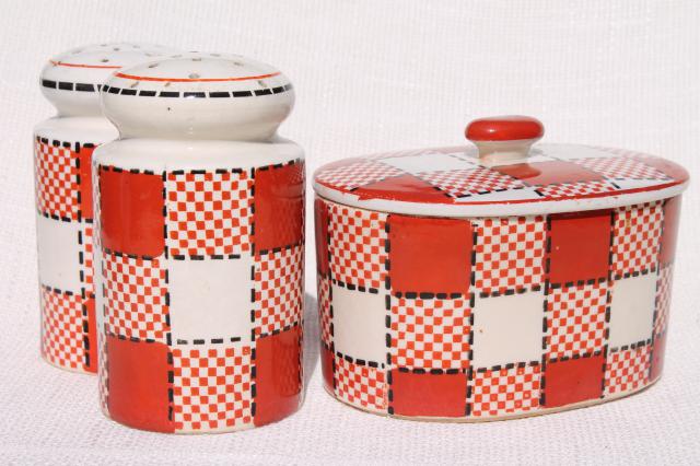 photo of metro retro style red & black checkers kitchen range set, vintage Japan hand painted ceramic #1