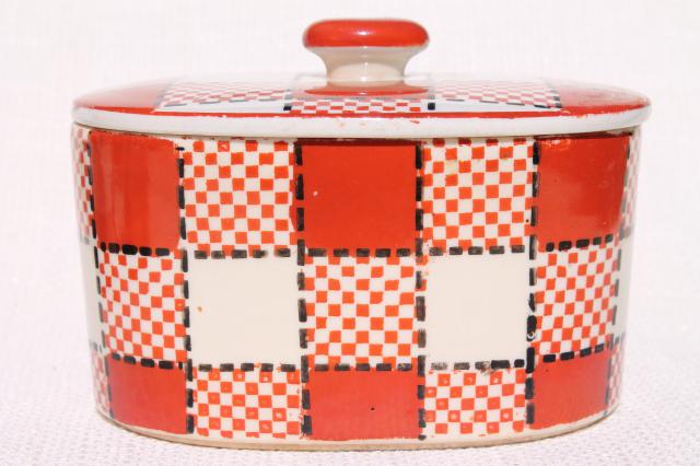 photo of metro retro style red & black checkers kitchen range set, vintage Japan hand painted ceramic #2