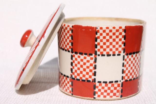 photo of metro retro style red & black checkers kitchen range set, vintage Japan hand painted ceramic #3