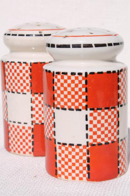 photo of metro retro style red & black checkers kitchen range set, vintage Japan hand painted ceramic #6