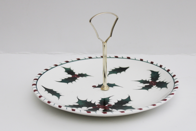 photo of mid-century mod Christmas serving plate, vintage Lefton Holly Candy Cane tray w/ handle #1