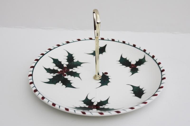 photo of mid-century mod Christmas serving plate, vintage Lefton Holly Candy Cane tray w/ handle #2