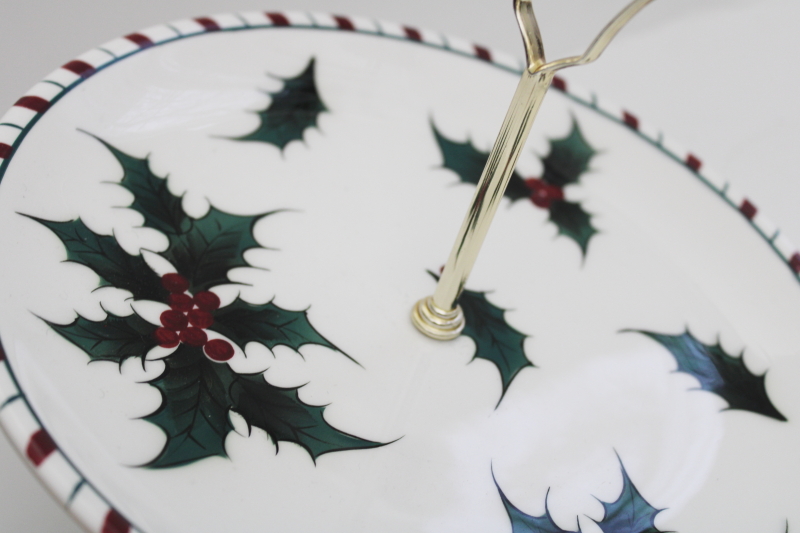 photo of mid-century mod Christmas serving plate, vintage Lefton Holly Candy Cane tray w/ handle #3