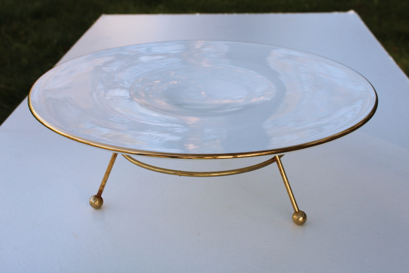 photo of mid-century mod milk glass serving tray or cake plate w/ gold atomic metal stand #1