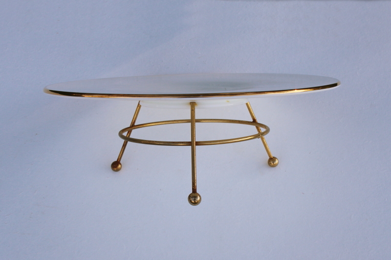 photo of mid-century mod milk glass serving tray or cake plate w/ gold atomic metal stand #3