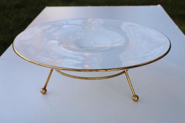 catalog photo of mid-century mod milk glass serving tray or cake plate w/ gold atomic metal stand