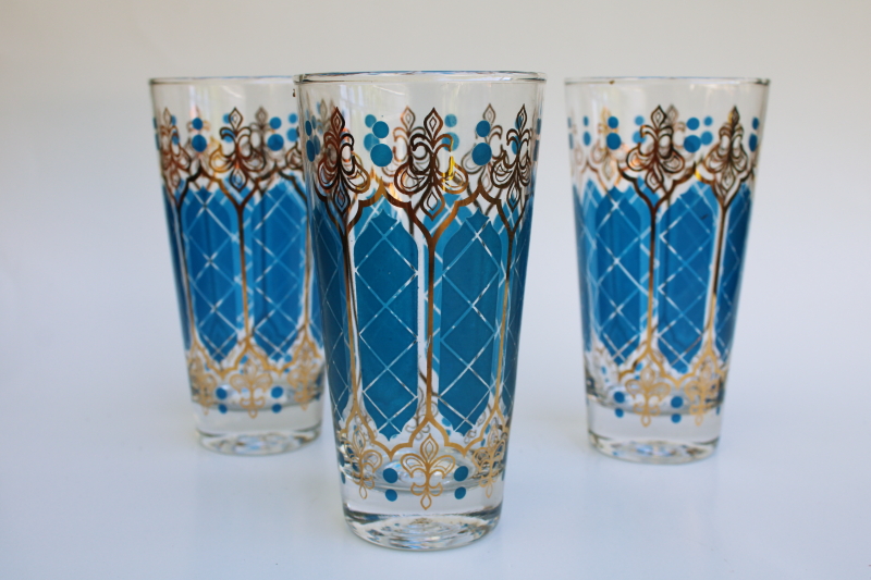 photo of mid century mod vintage Anchor Hocking Royal Blue gold tumblers, MCM barware #1