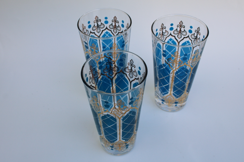 photo of mid century mod vintage Anchor Hocking Royal Blue gold tumblers, MCM barware #2