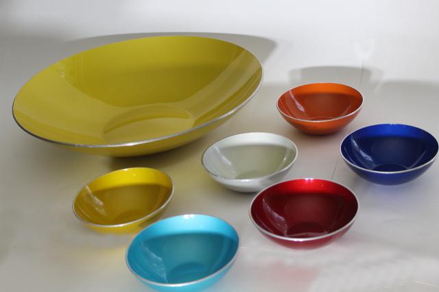 photo of mid century mod vintage Emalox Norway enamel aluminum salad bowls set, Scandinavian modern #1