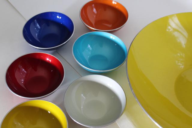 photo of mid century mod vintage Emalox Norway enamel aluminum salad bowls set, Scandinavian modern #9