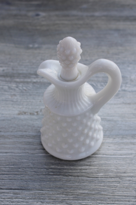 photo of mid-century mod vintage Fenton hobnail milk glass cruet pitcher w/ stopper #1