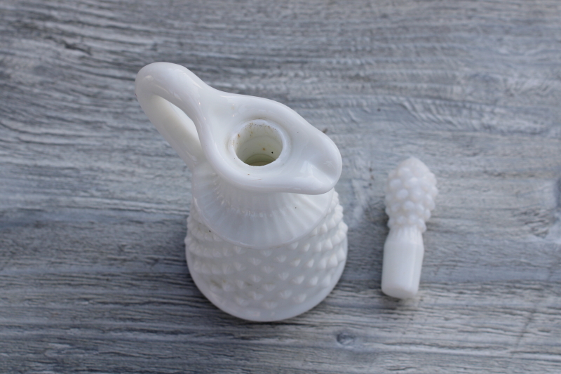 photo of mid-century mod vintage Fenton hobnail milk glass cruet pitcher w/ stopper #2