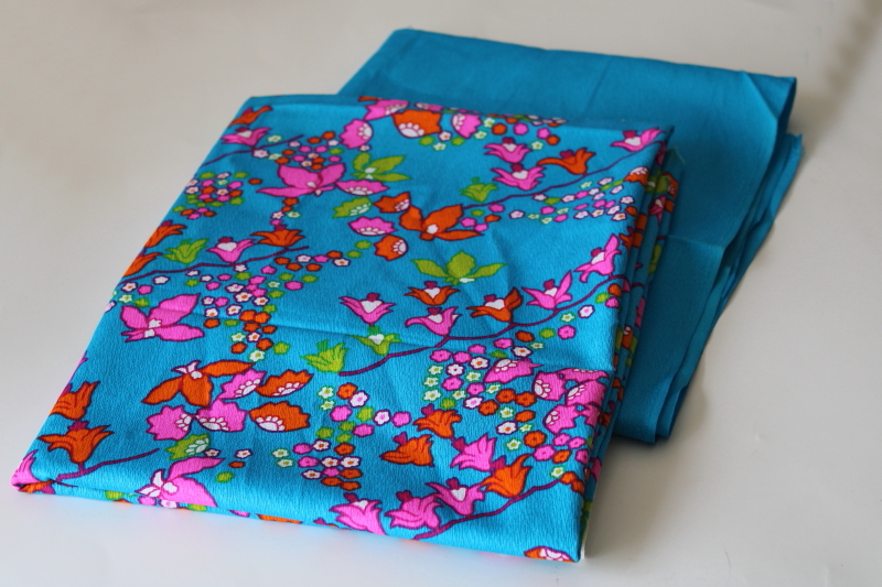 photo of mid-century mod vintage Hawaiian print cotton fabric, pink, orange & aqua blue floral #1