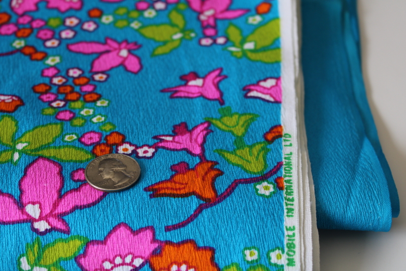 photo of mid-century mod vintage Hawaiian print cotton fabric, pink, orange & aqua blue floral #3