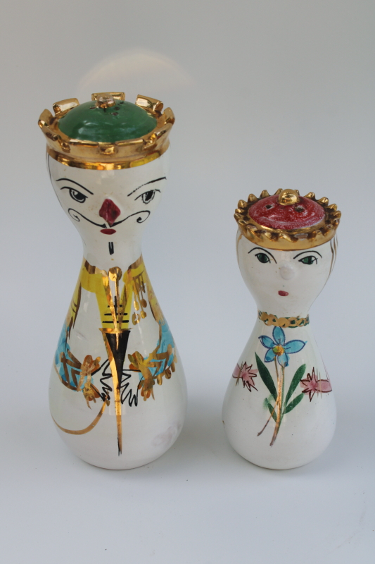 photo of mid century mod vintage Italy ceramic art quirky hand painted King and Queen tall S-P figurines #1