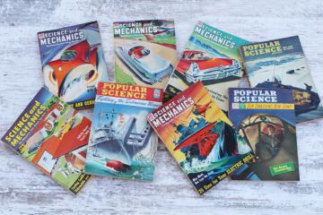 catalog photo of mid-century mod vintage Popular Science Mechanics magazines, retro sci-fi cover art