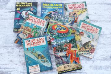 catalog photo of mid-century mod vintage Popular Science Mechanics magazines, retro sci-fi cover art