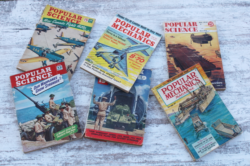 photo of mid-century mod vintage Popular Science Mechanics magazines, retro sci-fi cover art #2