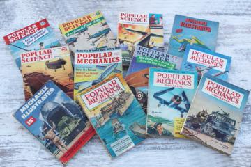 catalog photo of mid-century mod vintage Popular Science Mechanics magazines, retro sci-fi cover art