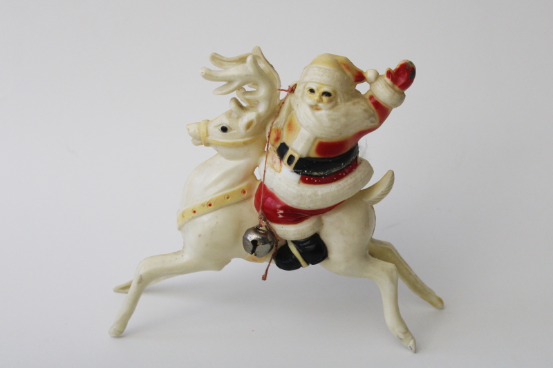 photo of mid-century mod vintage Rosbro hard plastic Christmas Santa riding reindeer #1