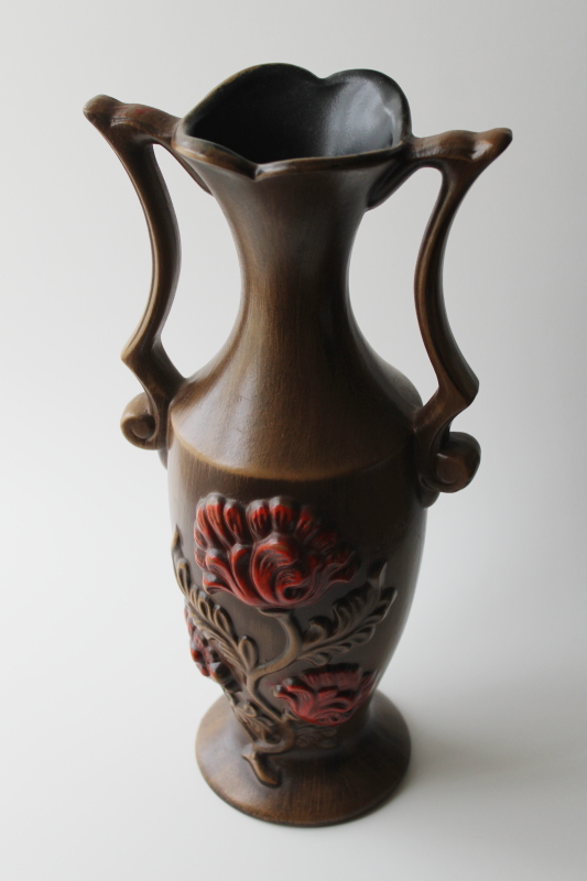photo of mid century mod vintage Royal Haeger art pottery ceramic vase, fall colors brown w/ red floral  #1