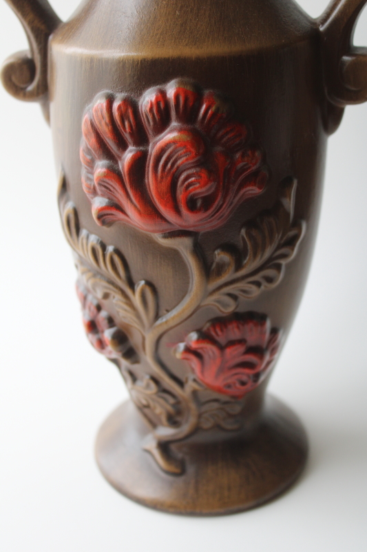 photo of mid century mod vintage Royal Haeger art pottery ceramic vase, fall colors brown w/ red floral #2
