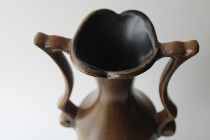 photo of mid century mod vintage Royal Haeger art pottery ceramic vase, fall colors brown w/ red floral #3