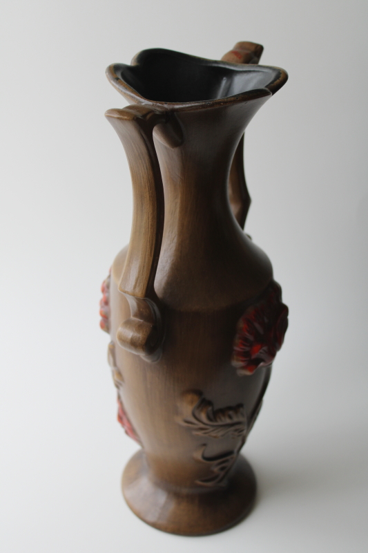 photo of mid century mod vintage Royal Haeger art pottery ceramic vase, fall colors brown w/ red floral #4