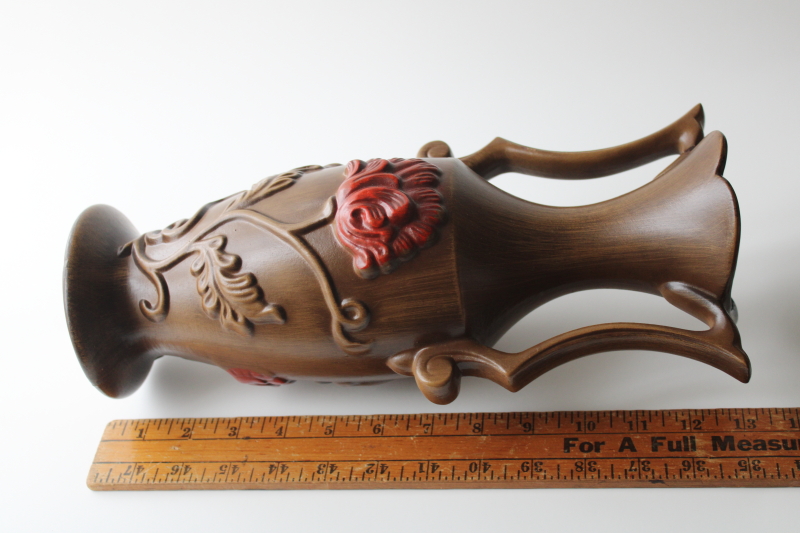 photo of mid century mod vintage Royal Haeger art pottery ceramic vase, fall colors brown w/ red floral #7