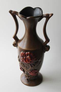 mid century mod vintage Royal Haeger art pottery ceramic vase, fall colors brown w/ red floral 