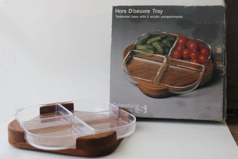 photo of mid-century mod vintage Selandia teak wood tray square relish set w/ lucite acrylic bowls #1