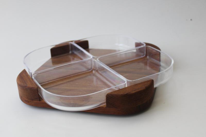 photo of mid-century mod vintage Selandia teak wood tray square relish set w/ lucite acrylic bowls #2