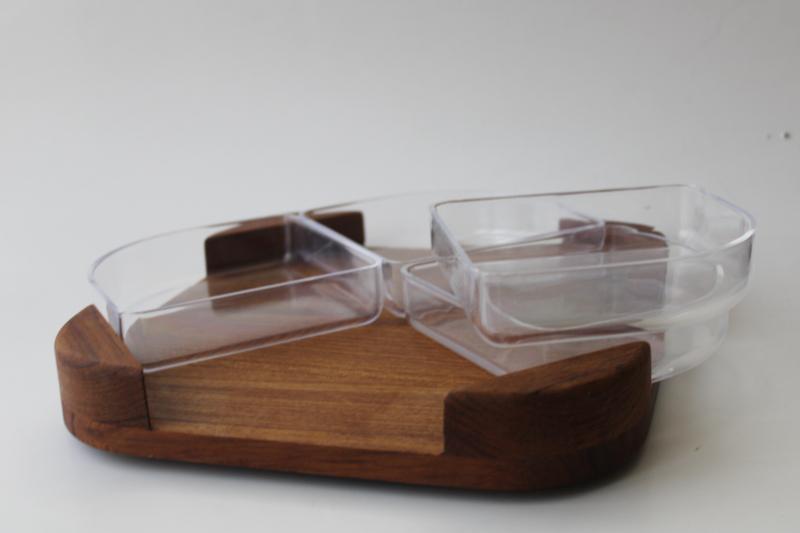 photo of mid-century mod vintage Selandia teak wood tray square relish set w/ lucite acrylic bowls #3