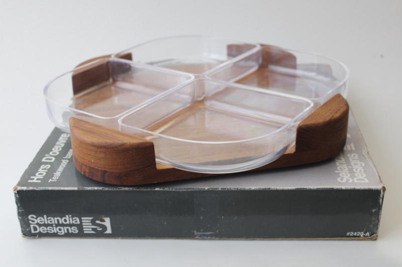 photo of mid-century mod vintage Selandia teak wood tray square relish set w/ lucite acrylic bowls #4