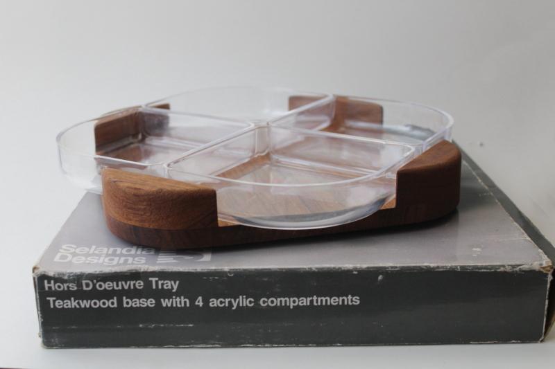 photo of mid-century mod vintage Selandia teak wood tray square relish set w/ lucite acrylic bowls #5