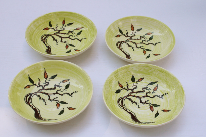 photo of mid century mod vintage USA ceramic bowls, fall leaves w/ haunted tree Brock California pottery #1