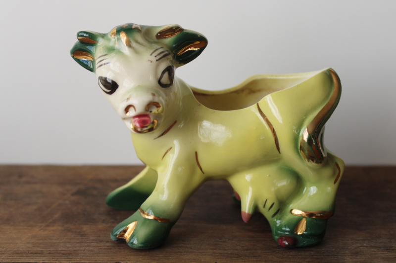 photo of mid century mod vintage USA pottery planter, funny cow green & yellow kitchen kitsch  #1