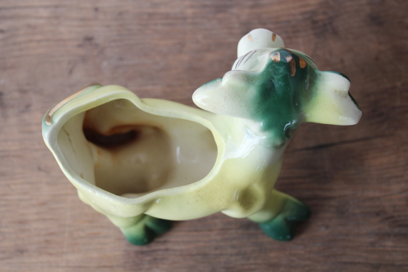 photo of mid century mod vintage USA pottery planter, funny cow green & yellow kitchen kitsch  #2