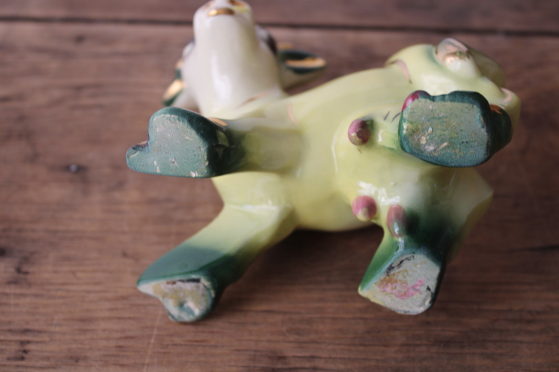 photo of mid century mod vintage USA pottery planter, funny cow green & yellow kitchen kitsch  #4